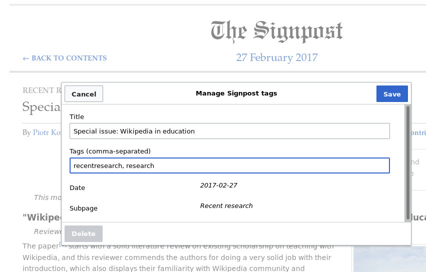 Screenshot of the SignpostTagger dialog