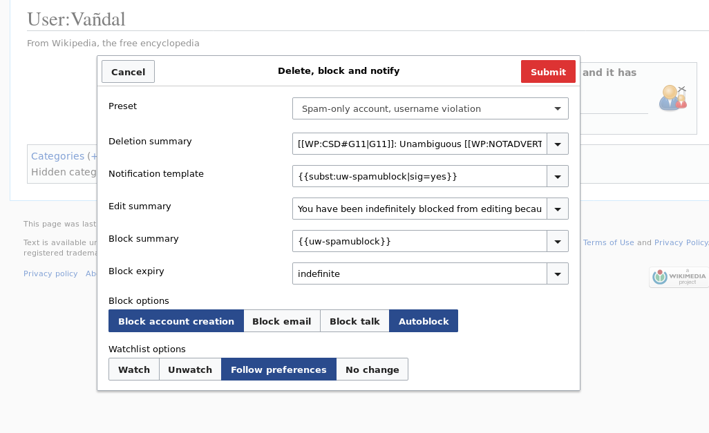 Screenshot of the SpamUserPage dialog